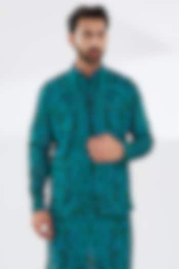 Blue Georgette Embroidered Bundi Jacket by Rabani & Rakha Men