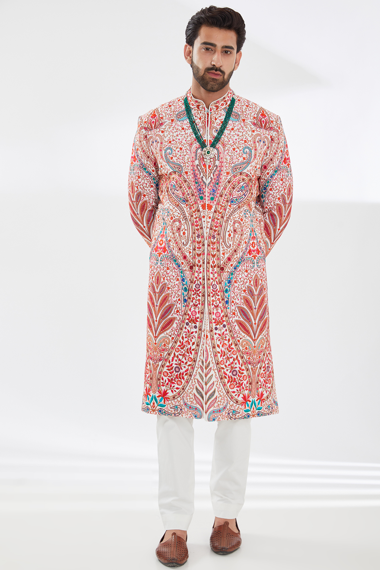 White Georgette Embroidered Sherwani Set by Rabani & Rakha Men