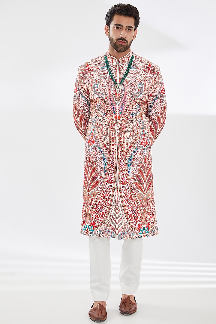 White Georgette Embroidered Sherwani Set by Rabani & Rakha Men