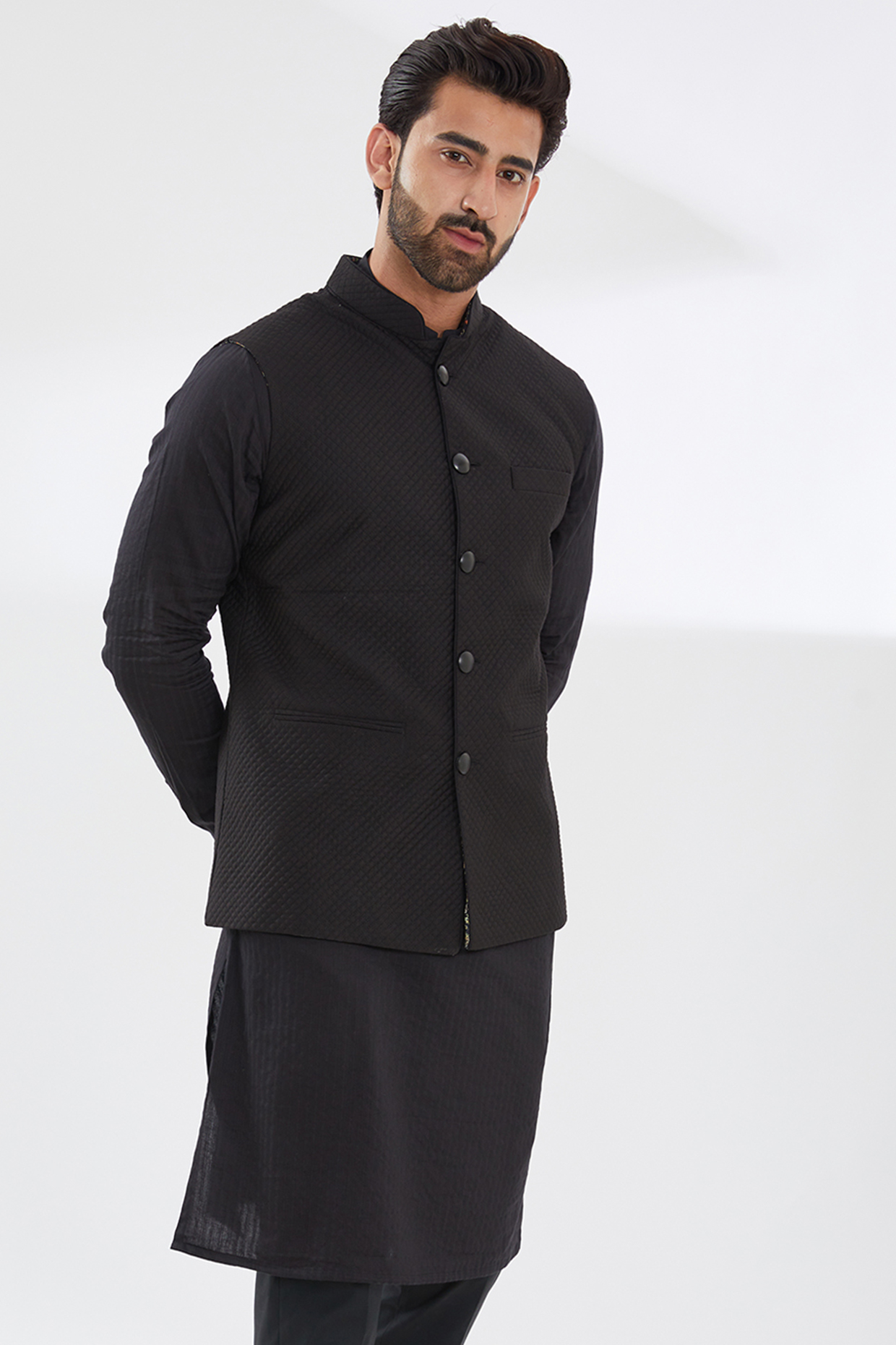 Black Cotton Silk Quilted Bundi Jacket by Rabani & Rakha Men