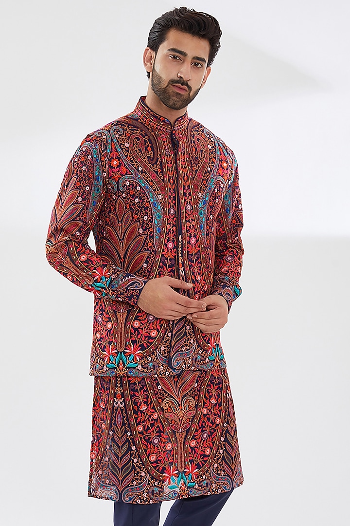 Blue Georgette Embroidered Bundi Jacket by Rabani & Rakha Men