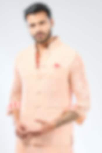 Pale Peach Georgette Thread Embroidered Bundi Jacket by Rabani & Rakha Men