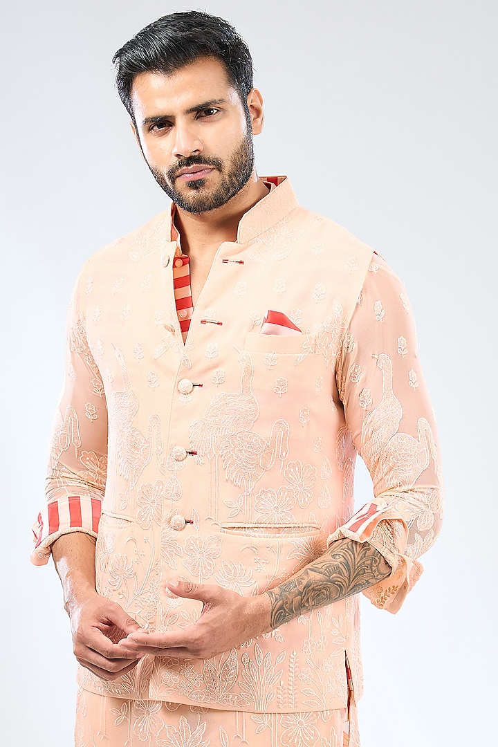 Pale Peach Georgette Thread Embroidered Bundi Jacket by Rabani & Rakha Men