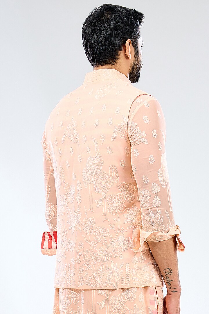 Pale Peach Georgette Thread Embroidered Bundi Jacket by Rabani & Rakha Men at Pernia's Pop Up Shop