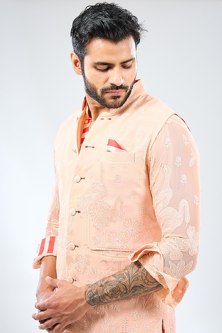 Pale Peach Georgette Thread Embroidered Bundi Jacket by Rabani & Rakha Men at Pernia's Pop Up Shop