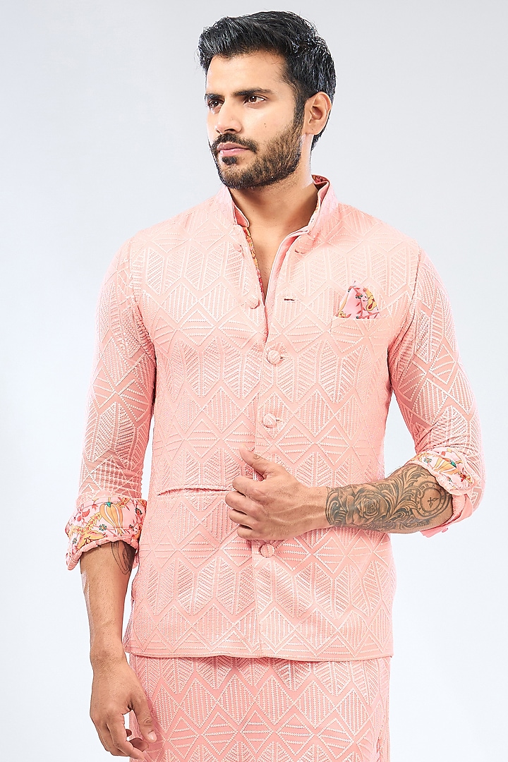 Pink Georgette Sequins Embroidered & Printed Bundi Jacket by Rabani & Rakha Men at Pernia's Pop Up Shop