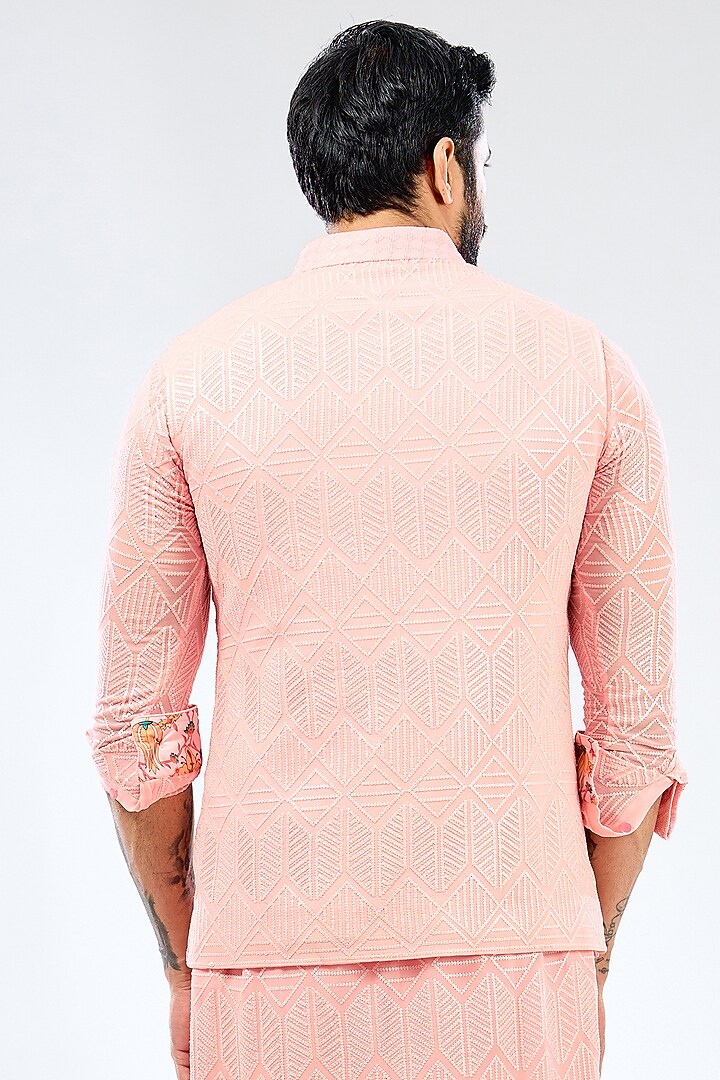 Pink Georgette Sequins Embroidered & Printed Bundi Jacket by Rabani & Rakha Men at Pernia's Pop Up Shop
