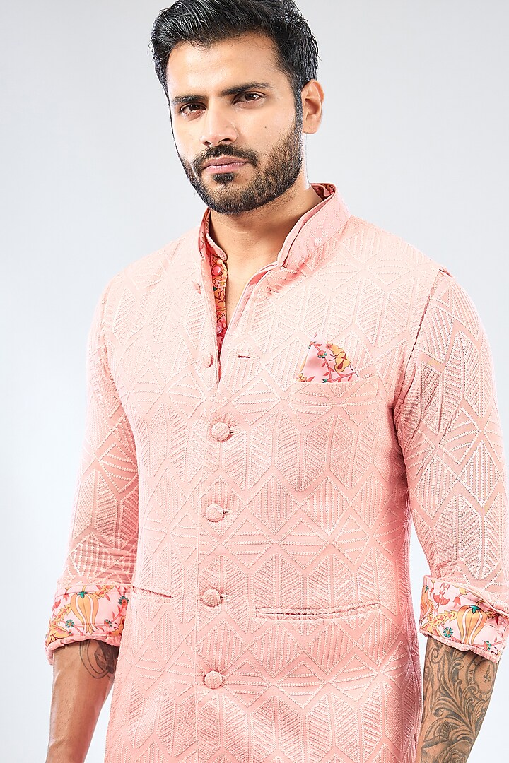 Pink Georgette Sequins Embroidered & Printed Bundi Jacket by Rabani & Rakha Men at Pernia's Pop Up Shop