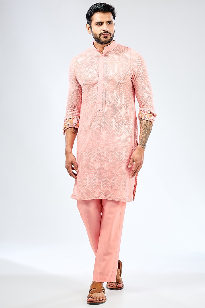Pink Georgette Sequins Embroidered Kurta Set by Rabani & Rakha Men at Pernia's Pop Up Shop