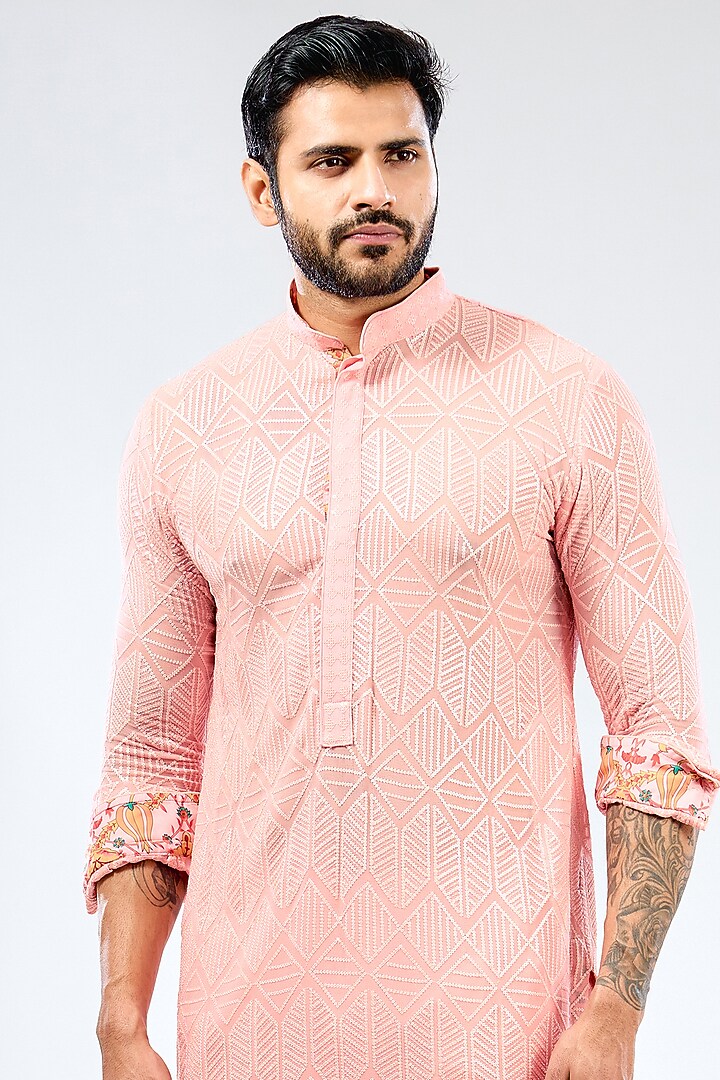 Pink Georgette Sequins Embroidered Kurta Set by Rabani & Rakha Men at Pernia's Pop Up Shop