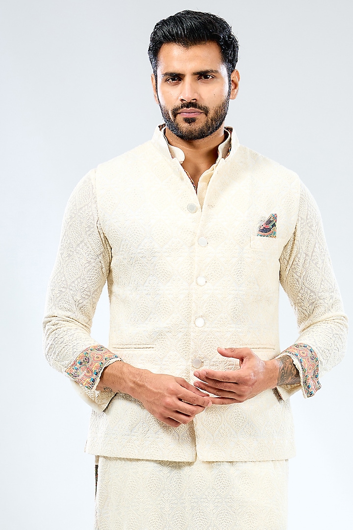 Ivory Georgette Thread Embroidered & Printed Bundi Jacket by Rabani & Rakha Men