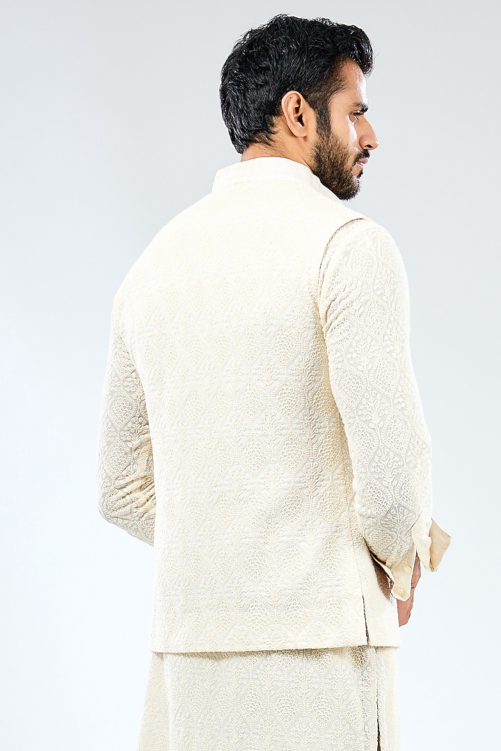 Ivory Georgette Thread Embroidered & Printed Bundi Jacket by Rabani & Rakha Men at Pernia's Pop Up Shop