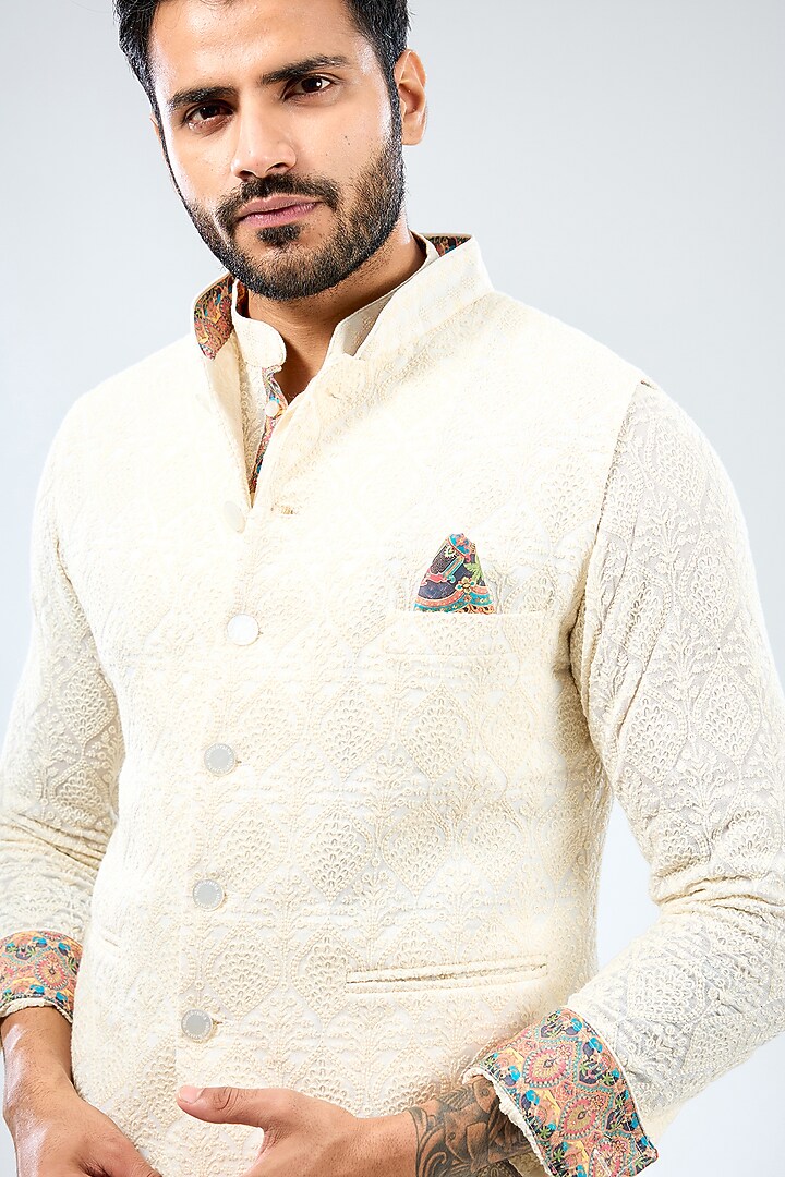 Ivory Georgette Thread Embroidered & Printed Bundi Jacket by Rabani & Rakha Men at Pernia's Pop Up Shop