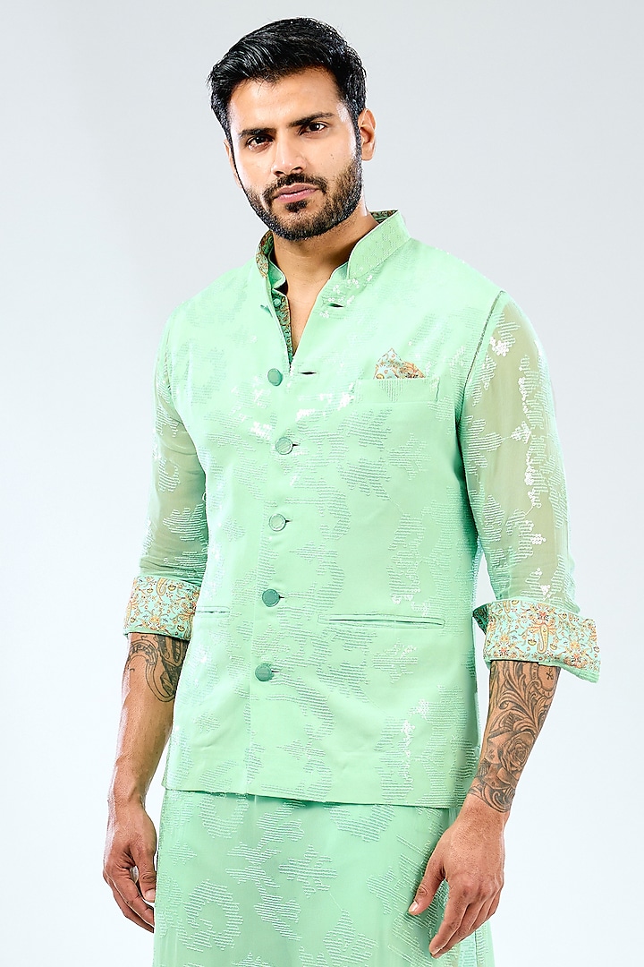 Aqua Georgette Sequins Embroidered & Printed Bundi Jacket by Rabani & Rakha Men at Pernia's Pop Up Shop