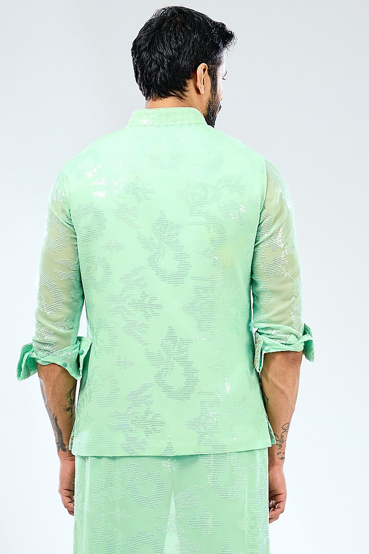 Aqua Georgette Sequins Embroidered & Printed Bundi Jacket by Rabani & Rakha Men at Pernia's Pop Up Shop