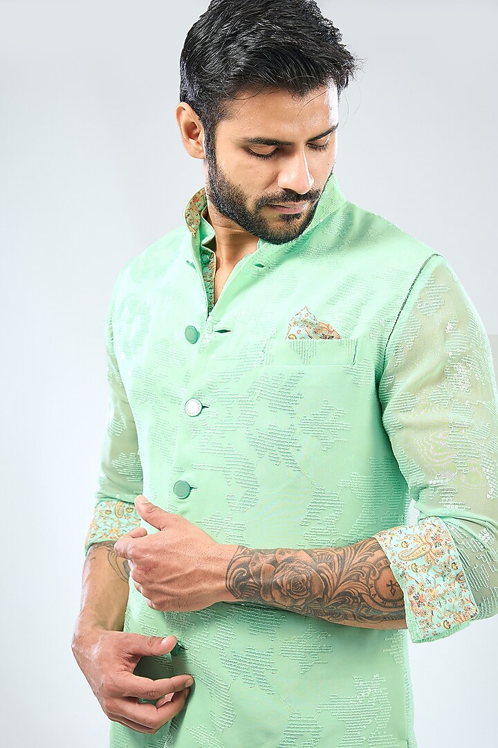 Aqua Georgette Sequins Embroidered & Printed Bundi Jacket by Rabani & Rakha Men at Pernia's Pop Up Shop