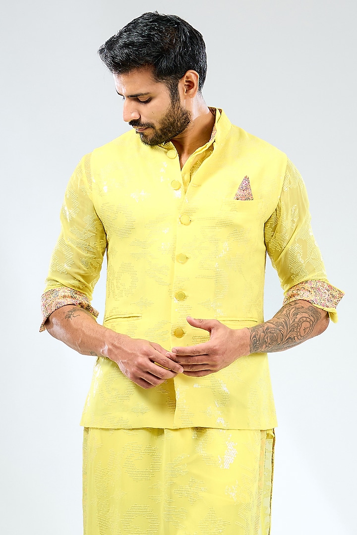 Lemon Yellow Georgette Thread Embroidered & Printed Bundi Jacket by Rabani & Rakha Men at Pernia's Pop Up Shop