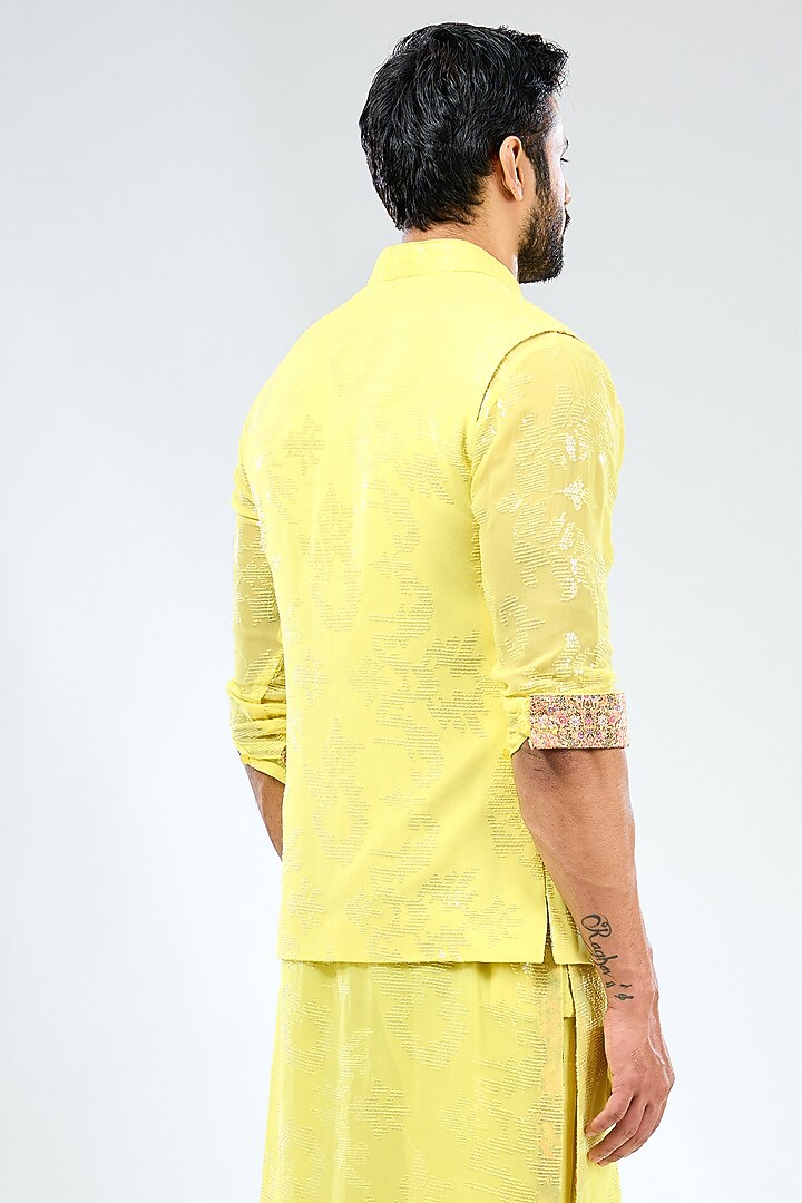 Lemon Yellow Georgette Thread Embroidered & Printed Bundi Jacket by Rabani & Rakha Men at Pernia's Pop Up Shop