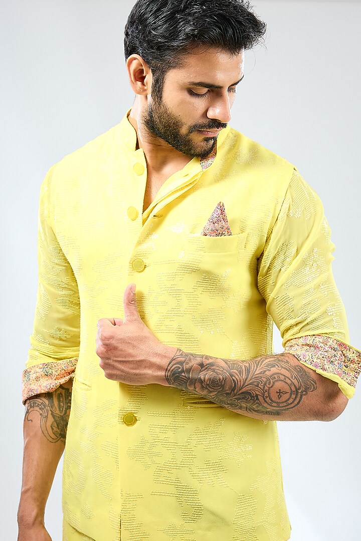 Lemon Yellow Georgette Thread Embroidered & Printed Bundi Jacket by Rabani & Rakha Men at Pernia's Pop Up Shop