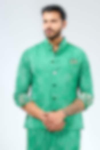 Emerald Green Georgette Thread Embroidered & Printed Bundi Jacket by Rabani & Rakha Men