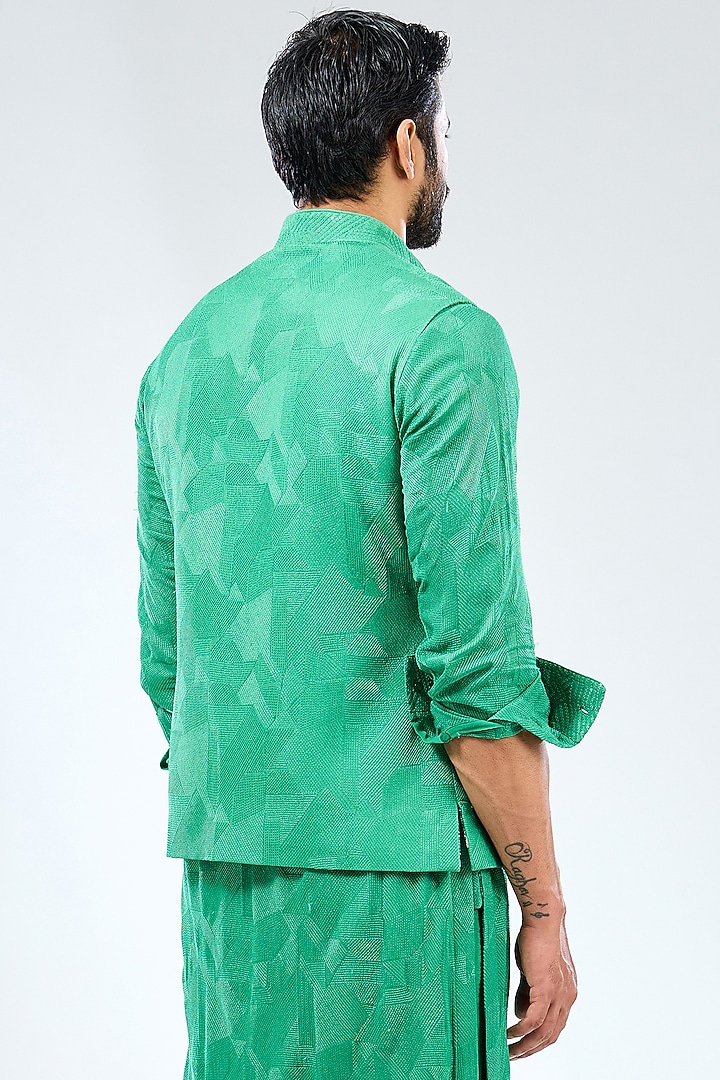 Emerald Green Georgette Thread Embroidered & Printed Bundi Jacket by Rabani & Rakha Men at Pernia's Pop Up Shop