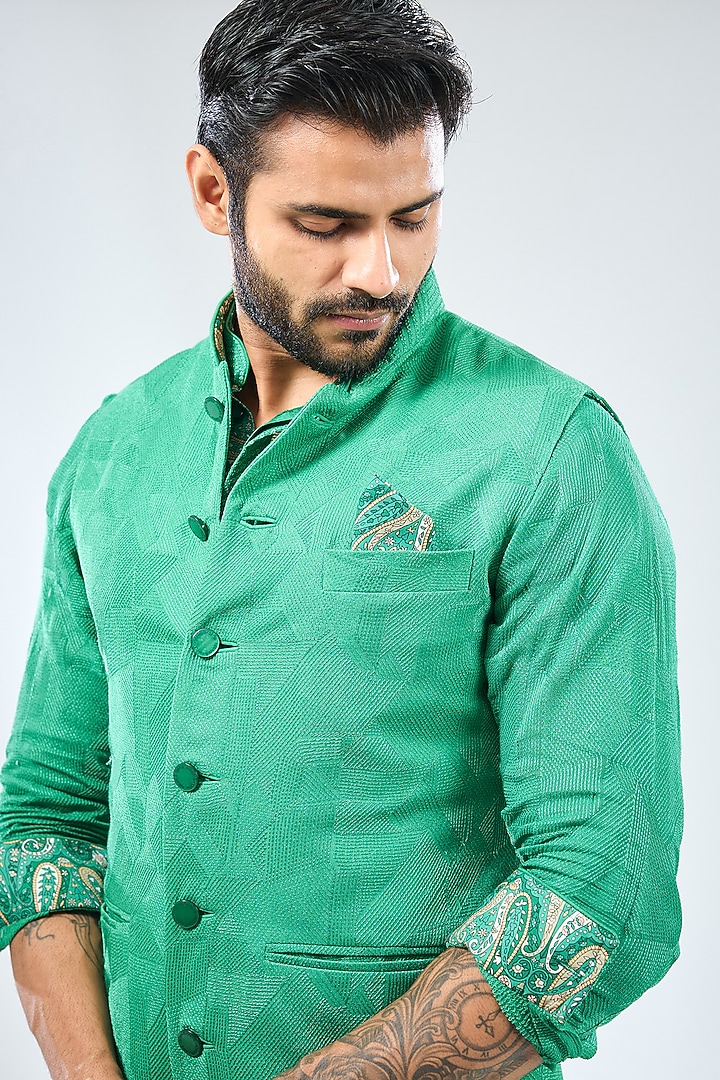 Emerald Green Georgette Thread Embroidered & Printed Bundi Jacket by Rabani & Rakha Men at Pernia's Pop Up Shop