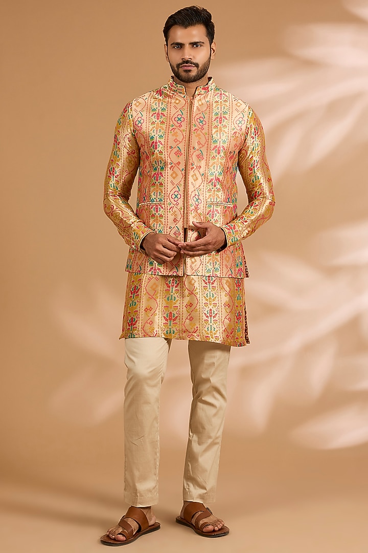 Multi-Colored Banarasi Silk Printed Bundi Jacket Set by Rabani & Rakha Men at Pernia's Pop Up Shop