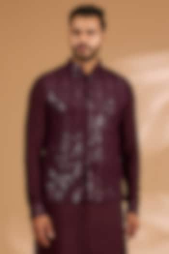 Ox-Blood Georgette Sequins Work Bundi Jacket by Rabani & Rakha Men at Pernia's Pop Up Shop