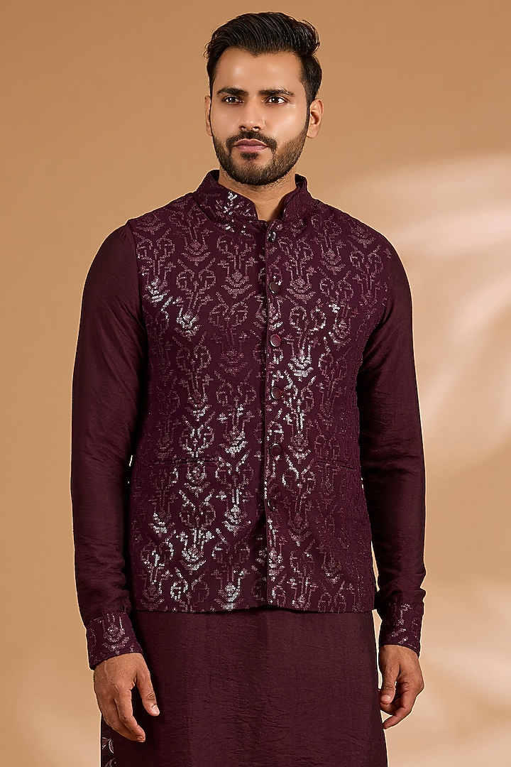 Ox-Blood Georgette Sequins Work Bundi Jacket by Rabani & Rakha Men at Pernia's Pop Up Shop