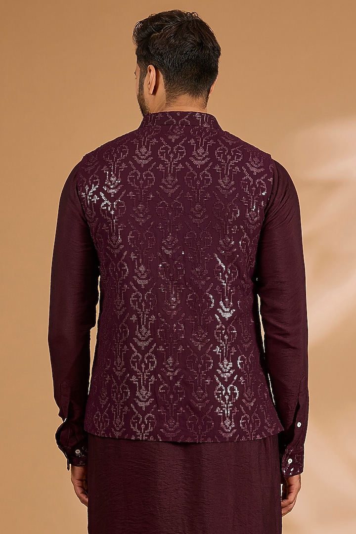 Ox-Blood Georgette Sequins Work Bundi Jacket by Rabani & Rakha Men at Pernia's Pop Up Shop