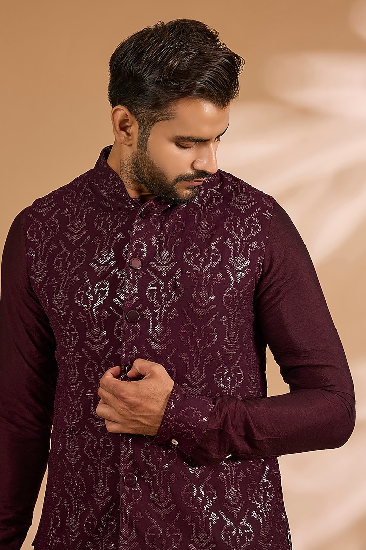 Ox-Blood Georgette Sequins Work Bundi Jacket by Rabani & Rakha Men at Pernia's Pop Up Shop