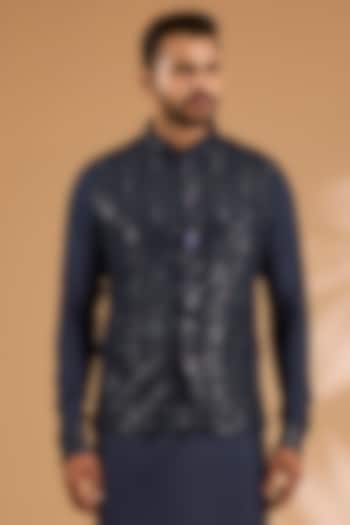 Blue Georgette Sequins Work Bundi Jacket by Rabani & Rakha Men at Pernia's Pop Up Shop