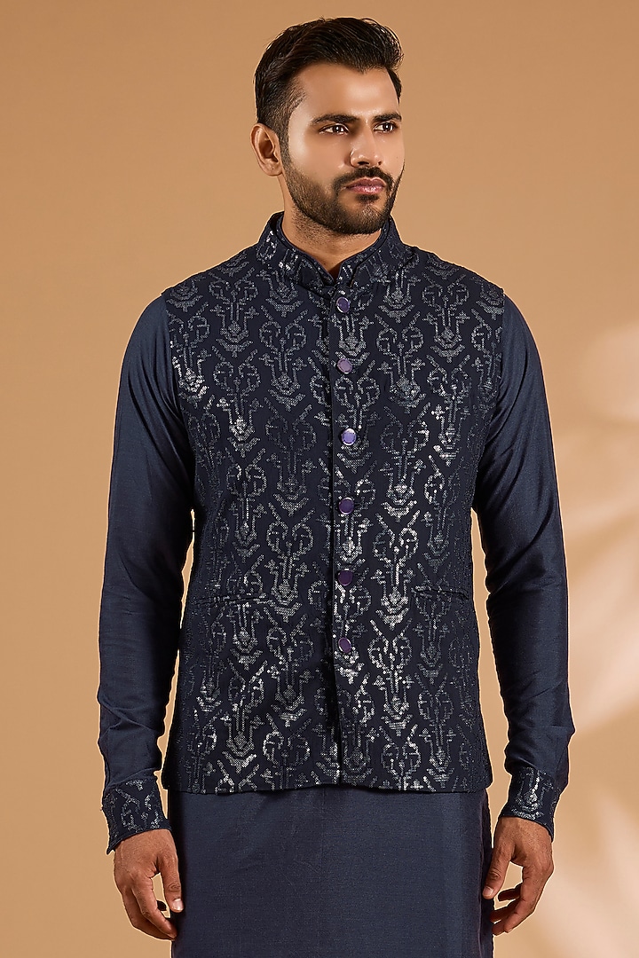 Blue Georgette Sequins Work Bundi Jacket by Rabani & Rakha Men at Pernia's Pop Up Shop