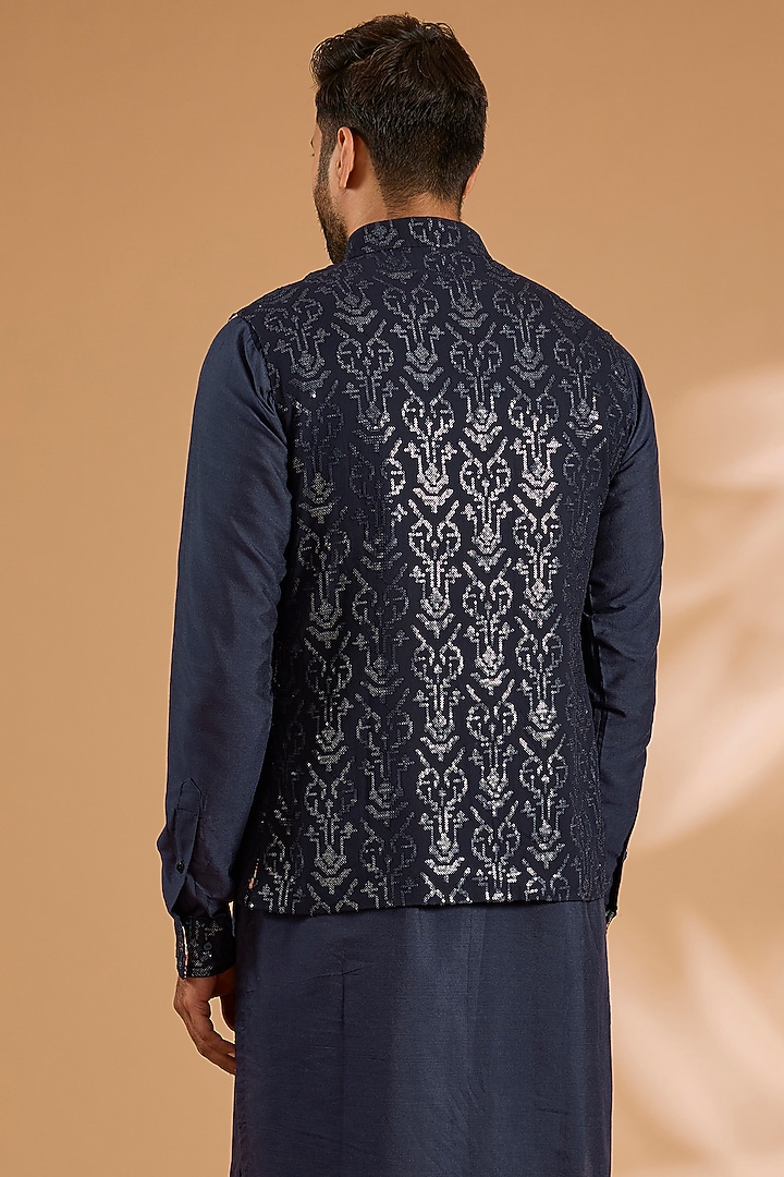 Blue Georgette Sequins Work Bundi Jacket by Rabani & Rakha Men at Pernia's Pop Up Shop