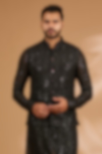 Black Georgette Sequins Work Bundi Jacket by Rabani & Rakha Men at Pernia's Pop Up Shop
