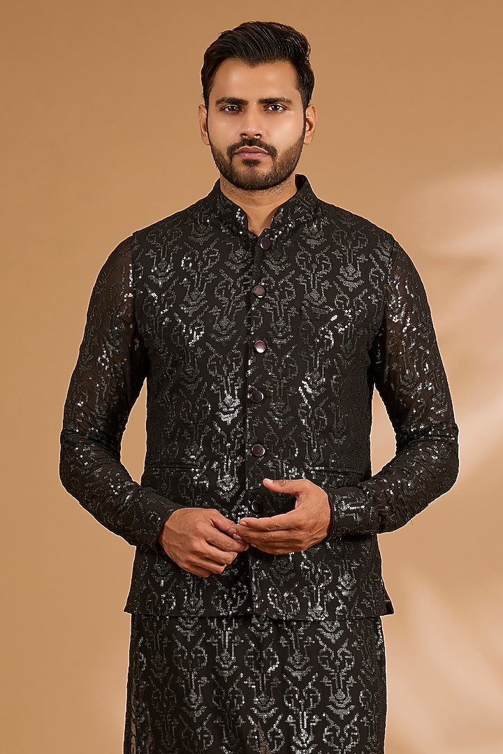 Black Georgette Sequins Work Bundi Jacket by Rabani & Rakha Men at Pernia's Pop Up Shop