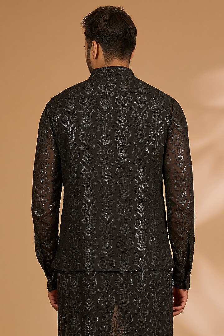 Black Georgette Sequins Work Bundi Jacket by Rabani & Rakha Men at Pernia's Pop Up Shop