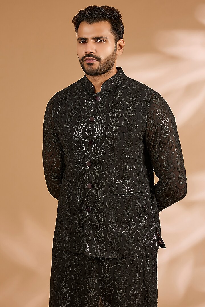 Black Georgette Sequins Work Bundi Jacket by Rabani & Rakha Men at Pernia's Pop Up Shop