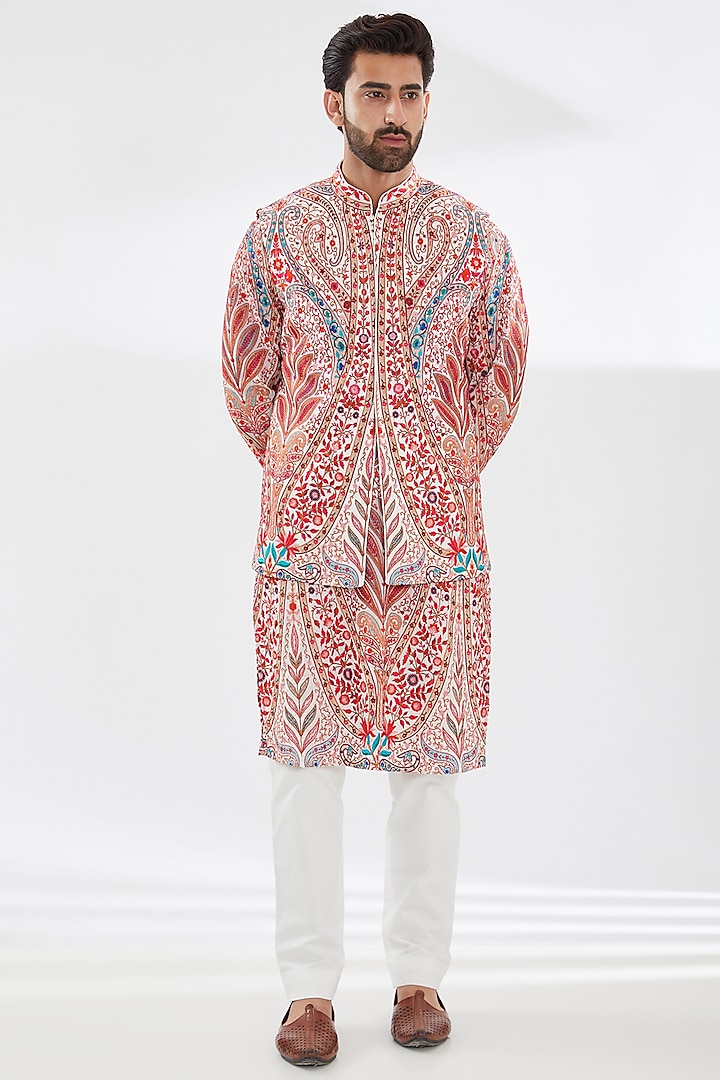 White Georgette Embroidered Bundi Jacket Set by Rabani & Rakha Men