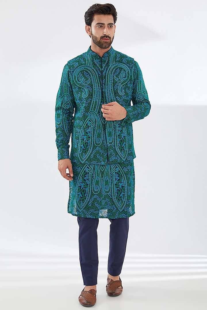 Blue Georgette Embroidered Bundi Jacket Set by Rabani & Rakha Men