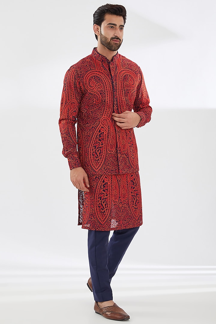 Blue Georgette Embroidered Bundi Jacket Set by Rabani & Rakha Men