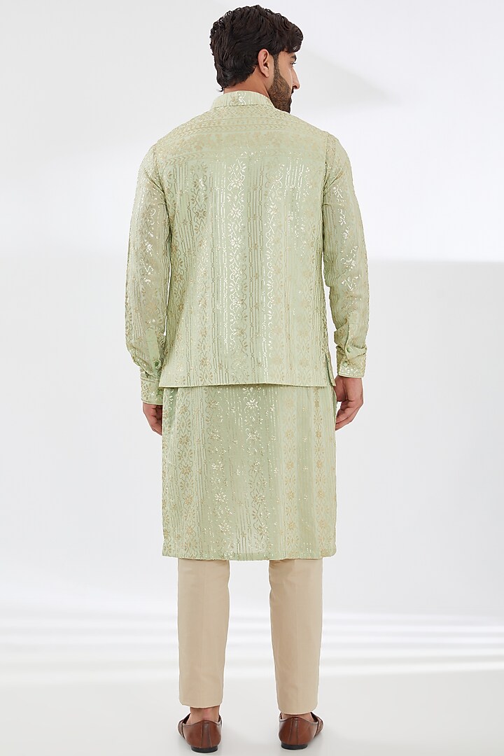 Sage Green Georgette Embroidered Bundi Jacket Set by Rabani & Rakha Men at Pernia's Pop Up Shop