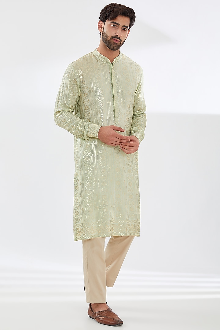 Sage Green Georgette Embroidered Bundi Jacket Set by Rabani & Rakha Men at Pernia's Pop Up Shop