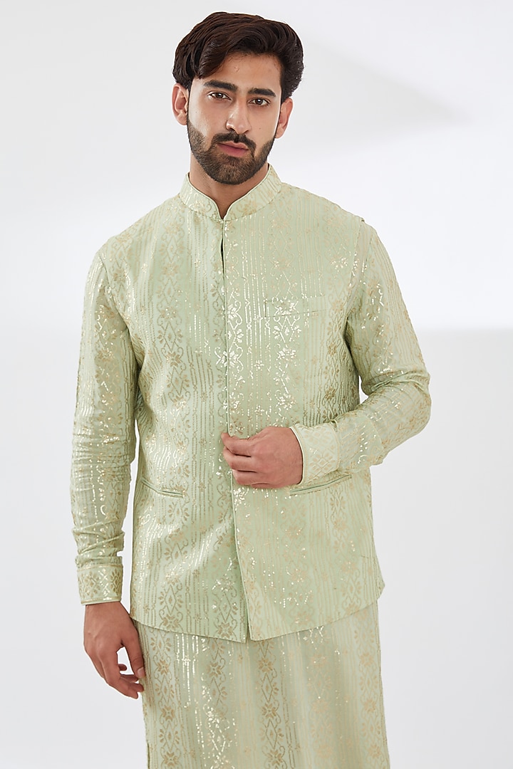 Sage Green Georgette Embroidered Bundi Jacket Set by Rabani & Rakha Men at Pernia's Pop Up Shop