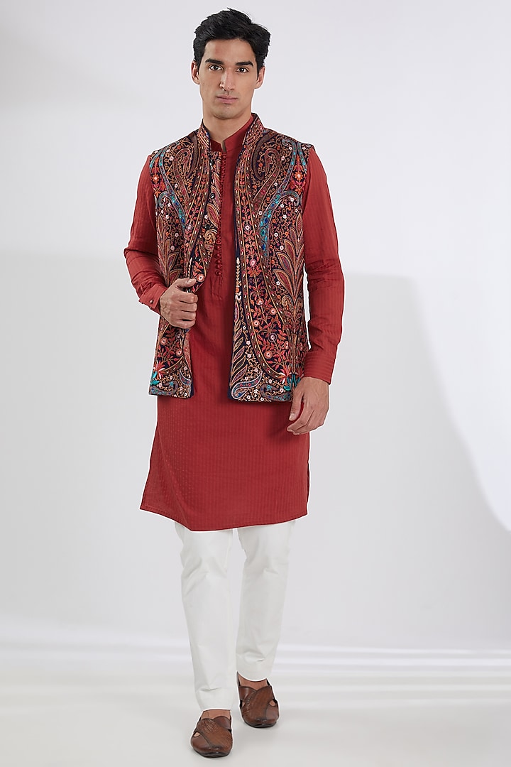 Blue Georgette Multi-Colored Resham Embroidered Bundi Set by Rabani & Rakha Men