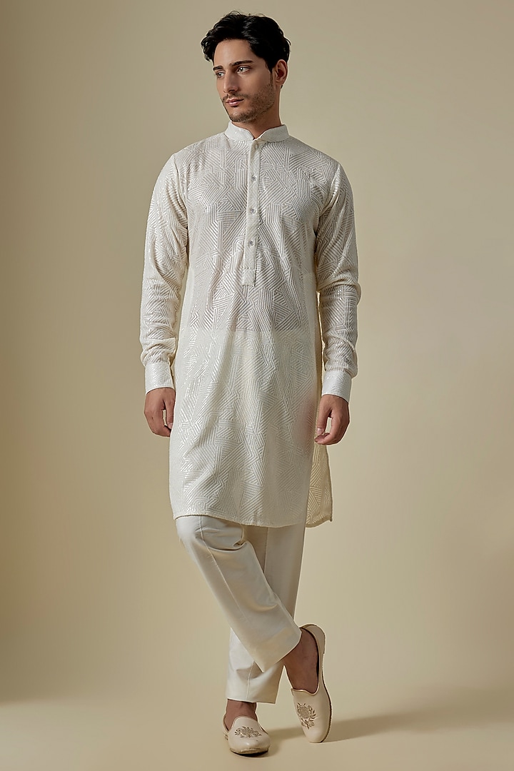 Ivory Georgette Thread Embroidered Kurta by Rabani & Rakha Men at Pernia's Pop Up Shop