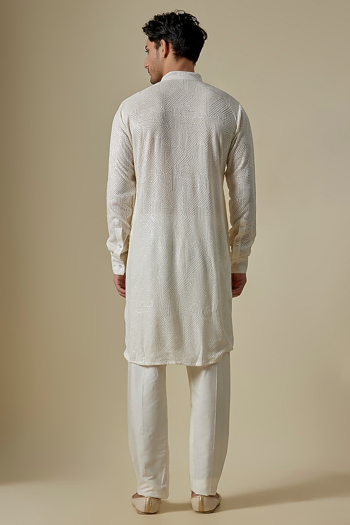 Ivory Georgette Thread Embroidered Kurta by Rabani & Rakha Men at Pernia's Pop Up Shop