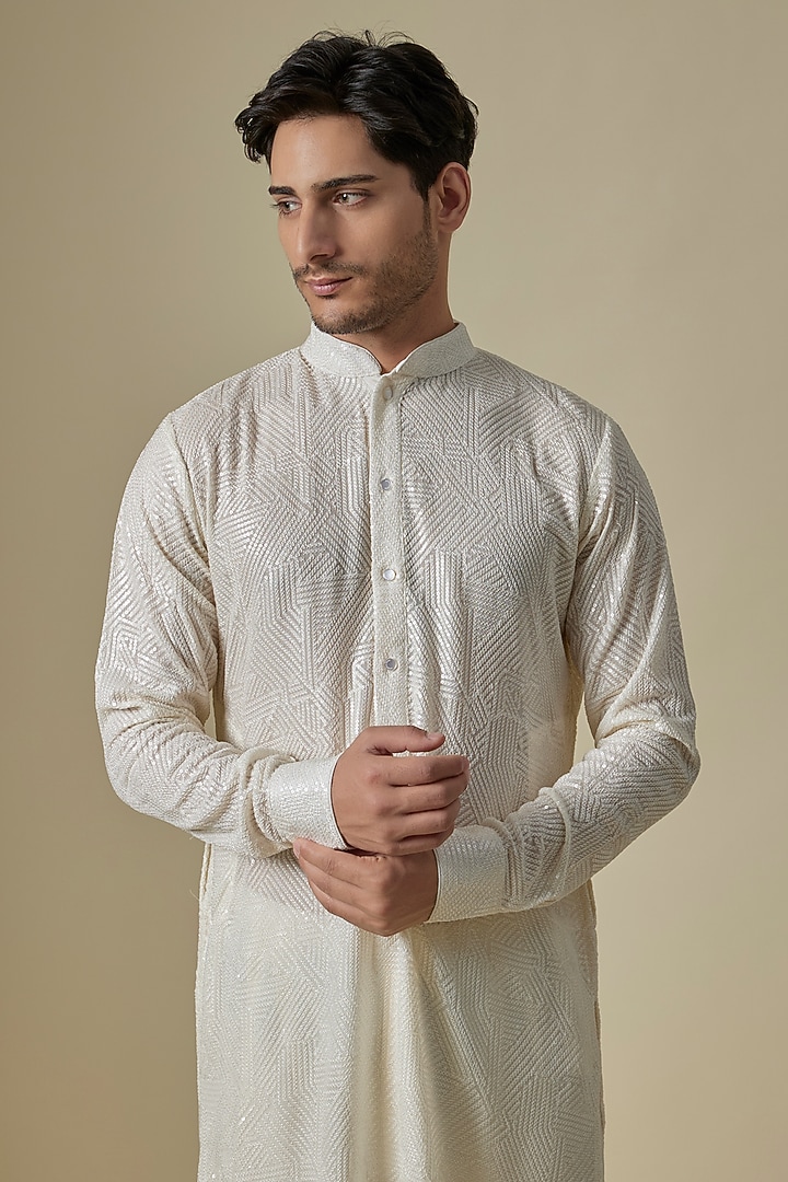 Ivory Georgette Thread Embroidered Kurta by Rabani & Rakha Men at Pernia's Pop Up Shop