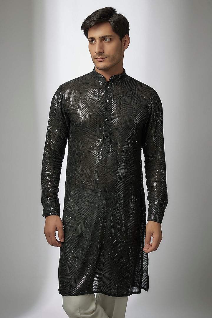 Black Georgette Sequin Work Kurta by Rabani & Rakha Men