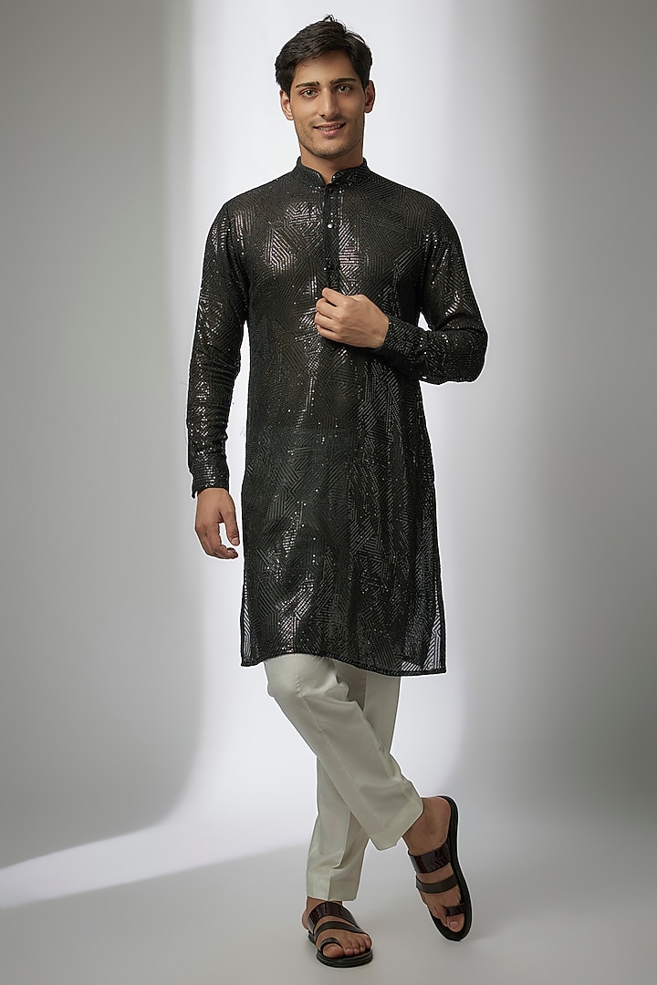 Black Georgette Sequin Work Kurta by Rabani & Rakha Men at Pernia's Pop Up Shop